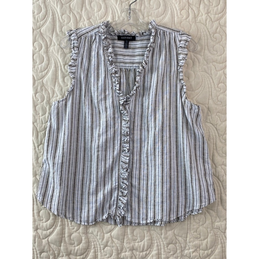 Ellen Tracy Sleeveless Linen Blend Top Womens Large White Striped Ruffle V-Neck